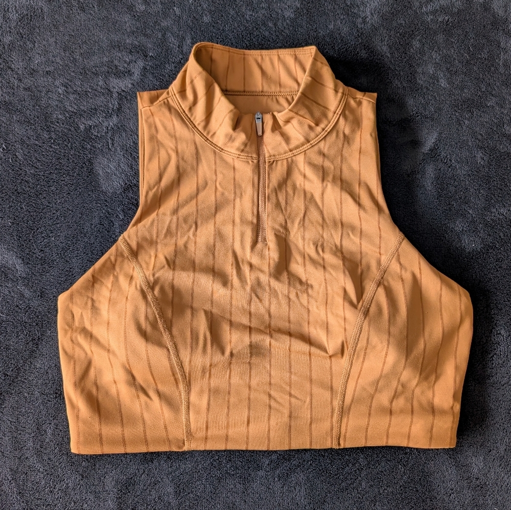 XL Mock Neck Athleisure Crop Top Sports Bra Neutral Tennis Prep Stripes Zip - Picture 3 of 7